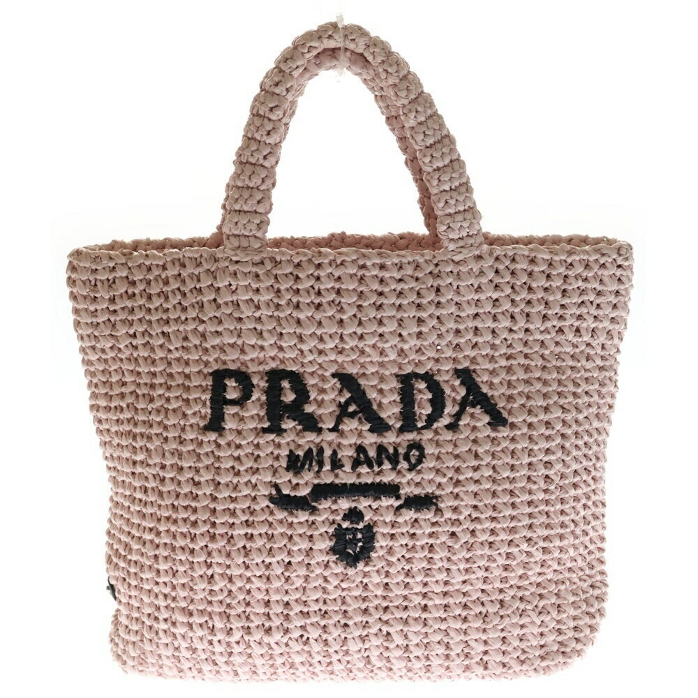 PRADA Crochet Handbag Tote Bag Basket Pink Raffia
